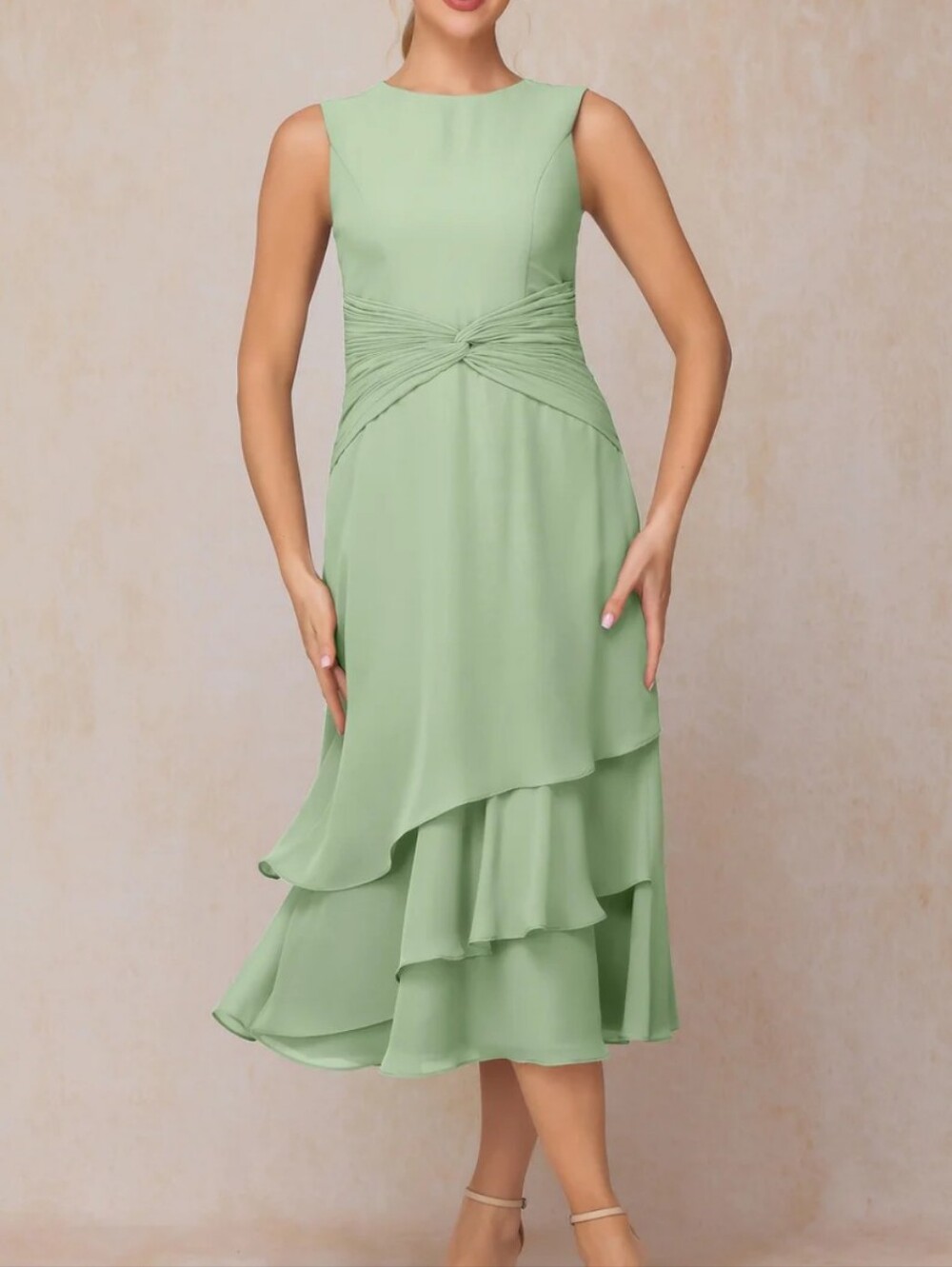 NWT Cicinia Sleeveless TeaLength Sage Green Midi Dress with Twisted Waist Detail